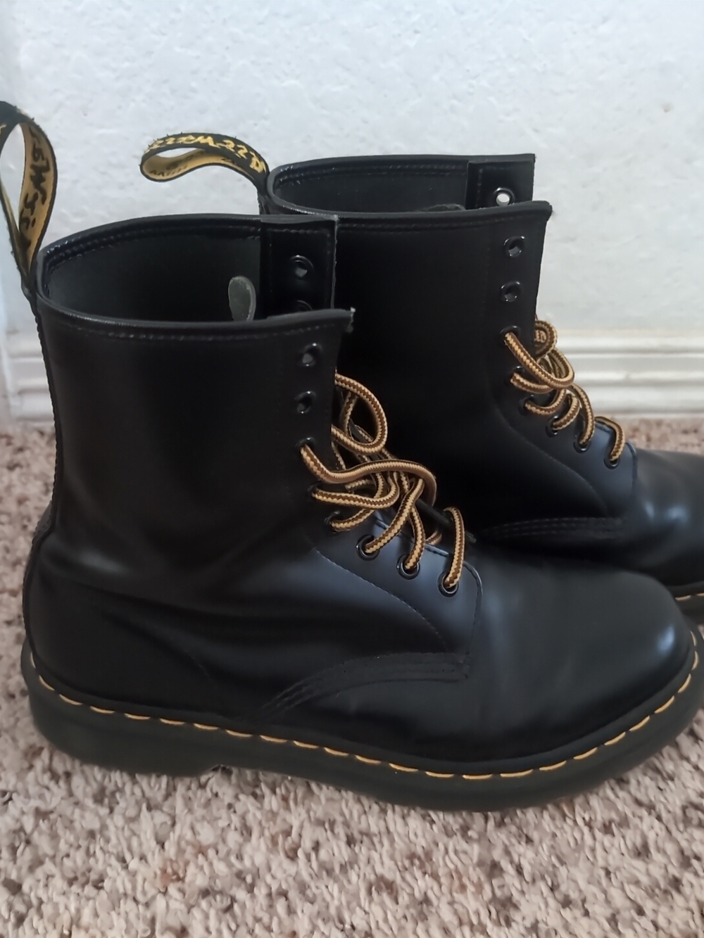 Dr. Martens Black Leather Combat Boots with Yellow Stitching and Brown Laces